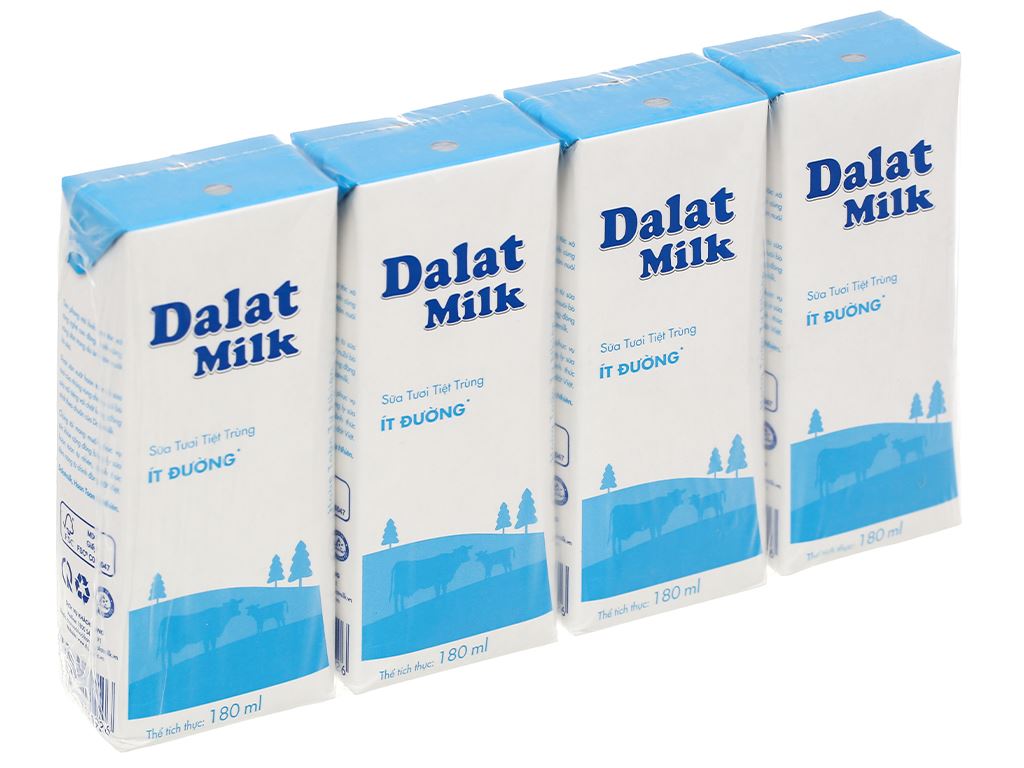  Lốc 4 hộp sữa tươi tiệt trùng ít đường Dalat Milk 180ml
