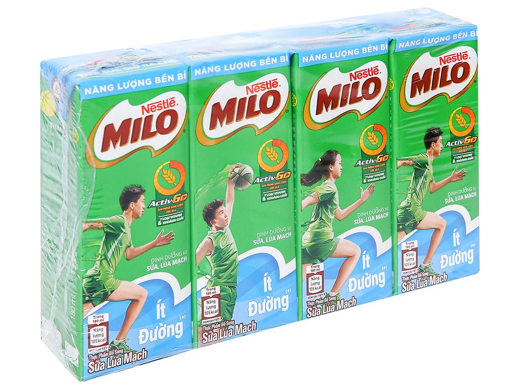  Lốc 4 hộp thức uống lúa mạch ít đường Milo Active Go 180ml