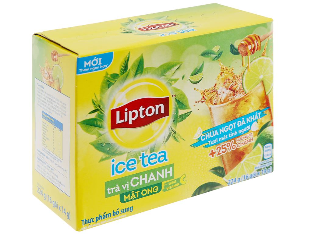  Trà Lipton hòa tan tươi mát tỉnh người thêm 25% hương vị hoa quả vị chanh mật ong hộp 16 túi 14g